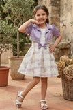 Cream Floral Party Frock with Lavender Bead-Work Shrug & Bow Waist Accent For Girls