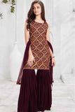 Maroon Embroidered Sharara Set With Sleeveless Kurti For Girls