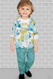 Multicolor Printed Shirt And Teal Blue Pant With White T-Shirt Set For Boys