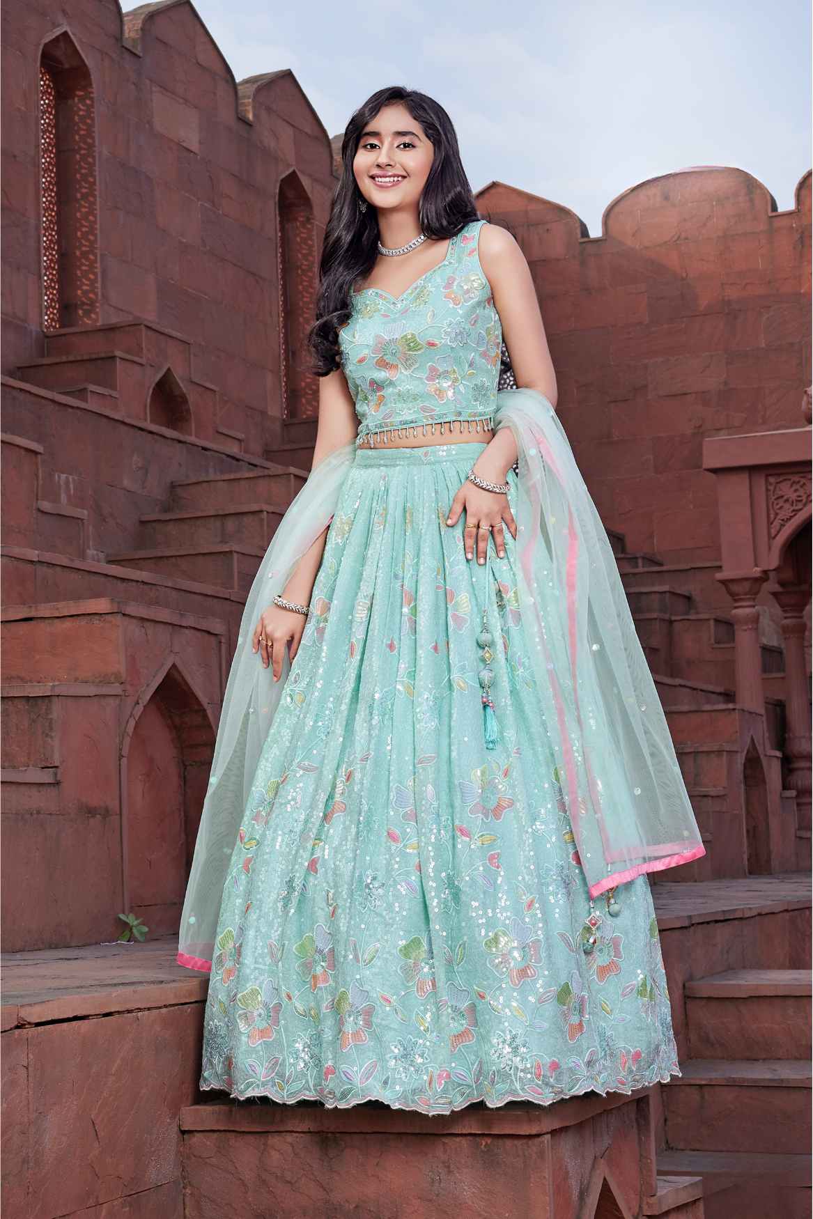 Sky Blue Sleeveless And Sequins Worked Lehenga Choli Set For Girls - 1-2Y(16) Sky Blue Sleeveless And Sequins Worked Lehenga Choli Set For Girls - 1-2Y(16)