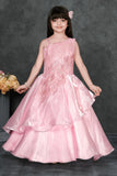 Pink Layered Organza Party Gown with Asymmetric Sequin Embroidery For Girls