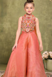 Peach Sequins Work With Thread Embroidery For Palazzo Set For Girls