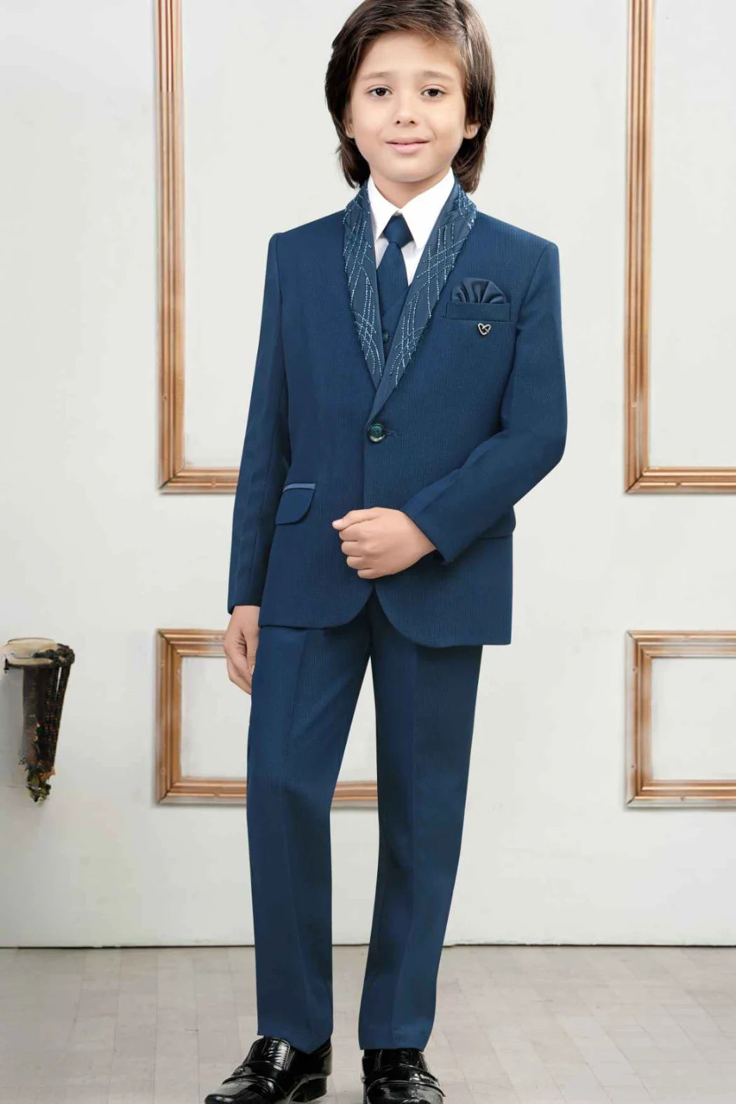Teal Blue Bead Work Tuxedo With Pant And Waistcoat Set For Boys