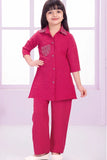 Pink Casual Top With Matching Straight Pant Set For Girls