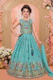 Aqua Blue Multicolor Embroidered Lehenga Choli Set For Girls