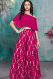 Rani Pink One-Shoulder Cape Top With Gold Foil Print Palazzo Set For Girls