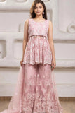 Elegant Pink Floral Embroidered And Mirror Work Palazzo Set for Girls