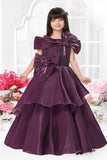 Wine Layered Party Wear Gown with Statement Bow Accents For Girls