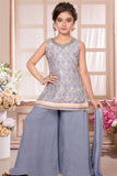 Gray Embroidered Palazzo Set with Dupatta For Girls