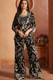Black Sequins And Embroidered Palazzo Set With Overcoat For Girls