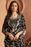 Black Sequins And Embroidered Palazzo Set With Overcoat For Girls