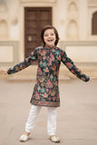 Black Printed Ethnic Kurta with White Pyjama Set For Boys