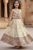 Cream Embroidered Lehenga Choli with Royal Elephant & Peacock Motif Border For Girls