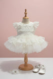 White Layered Frock with White Scallop Lace and Floral Accent For Girls