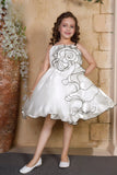 White Spiral 3D Petal Appliqué Party Frock For Girls