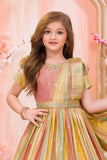 Mustard & Peach Silk Ethnic gown with Zari Border For Girls
