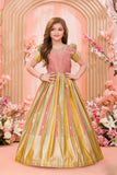 Mustard & Peach Silk Ethnic gown with Zari Border For Girls
