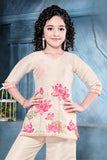 Beige Floral Printed and Sequins Work Palazzo Set For Girls