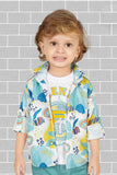 Multicolor Printed Shirt And Teal Blue Pant With White T-Shirt Set For Boys