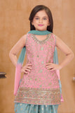 Pink Sleeveless Kurti with Foil-Print Teal Patiala And Dupatta For Girls
