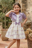 Cream Floral Party Frock with Lavender Bead-Work Shrug & Bow Waist Accent For Girls