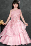 Pink Layered Organza Party Gown with Asymmetric Sequin Embroidery For Girls