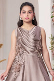 Gold Gown with Draped Bodice and 3D Floral Appliqué Embroidery For Girls