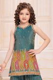 Teal Blue Zari Embroidered And Sequins Palazzo Set For Girls