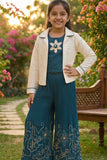 Teal Co-ord Set with Cream Lace Jacket & Floral Motif Top For Girls
