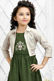 Green Embroidered Dress With Overcoat For Girls
