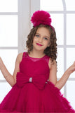 Cherry Red High-Low Tulle Party Frock with Oversized Bow For Girls
