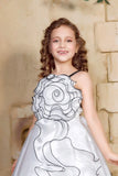 White Spiral 3D Petal Appliqué Party Gown For Girls