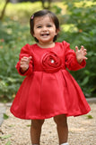 Elegant Cherry Red Party Frock with Center Flower Detail For Girls