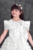White Party Wear Gown with Statement Bow And Textured Skirt For Girls