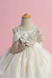 Cream Shimmer Party Frock with Sequin Floral Bow for Girls