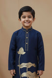 Navy Blue Lotus Foil Printed Kurta Set For Boys