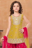 Mustard And Rani Pink Patiala Set With Embroidered Kurti And Dupatta For Girls