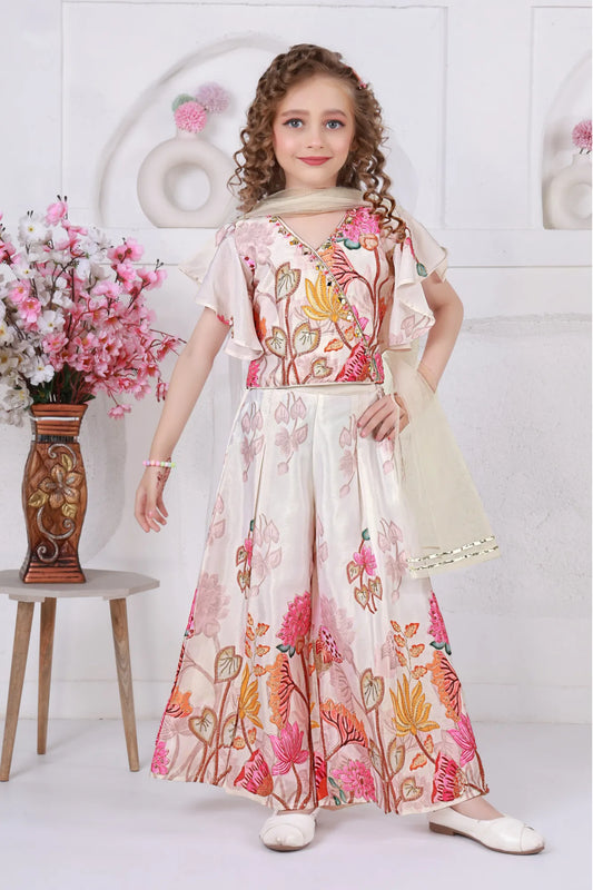 Cream Floral Sequins Embroidered Palazzo Set For Girls