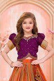 Purple And Rust Silk Pattu Pavadai with Puff Sleeves For Girls
