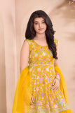 Yellow Palazzo Set with Multicolor Floral Embroidered Top And Dupatta for Girls