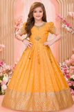 Gold Silk Kids Gown with Zari Border & Embroidered Waist Motif For Girls
