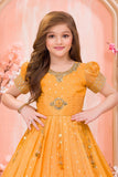 Gold Silk Kids Gown with Zari Border & Embroidered Waist Motif For Girls