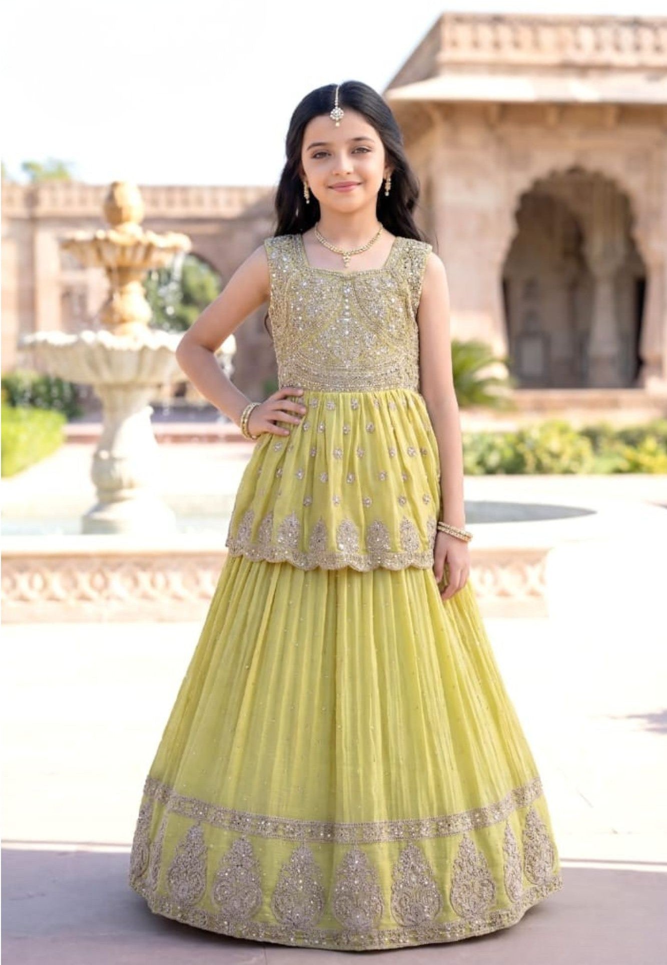 Yellow Zari Embroidered Peplum Top With Lehenga Set For Girls Yellow Zari Embroidered Peplum Top With Lehenga Set For Girls