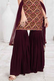 Maroon Embroidered Sharara Set With Sleeveless Kurti For Girls