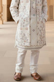 Cream Embroidered Kurta Set with Nehru Jacket For Boys