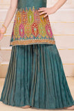 Teal Blue Zari Embroidered And Sequins Palazzo Set For Girls