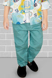 Multicolor Printed Shirt And Teal Blue Pant With White T-Shirt Set For Boys