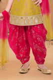 Mustard And Rani Pink Patiala Set With Embroidered Kurti And Dupatta For Girls