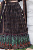 Black and Green Printed Crop Top with Pleated Lehenga and Dupatta For Girls