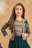 Teal Blue Sequins Worked And Embroidered Palazzo Set With Overcoat For Girls